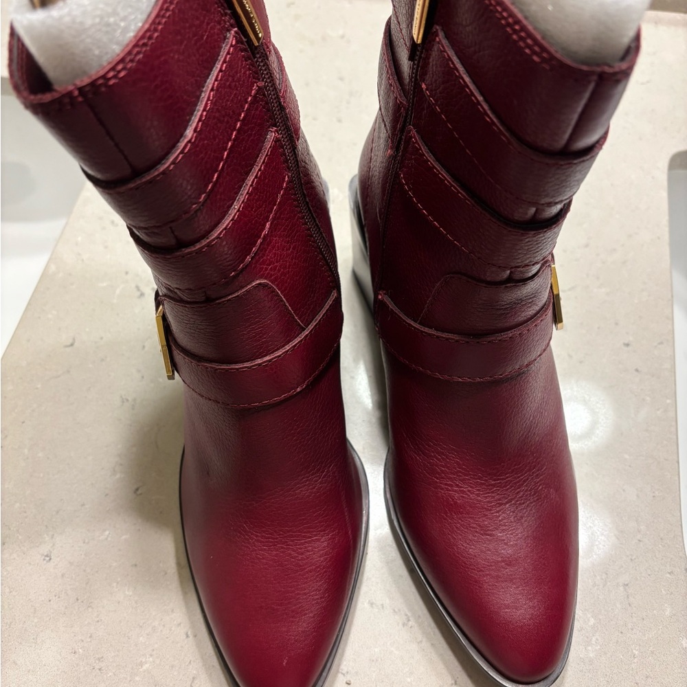 Vince Camuto Maroon Ankle Boots with Gold Buckles